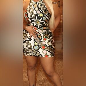 AREA
Gemstone Chain Printed Halter Mini Dress